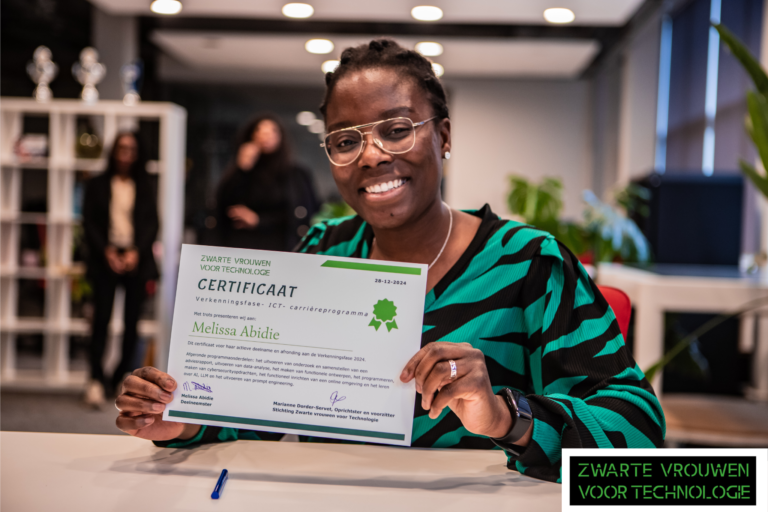 Black young lady with glasses holding a certificate