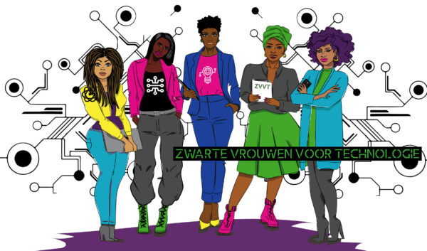 Icon image of 5 black women with a digital background. Zwarte vrouwen voor Technologie logo written out in the middle