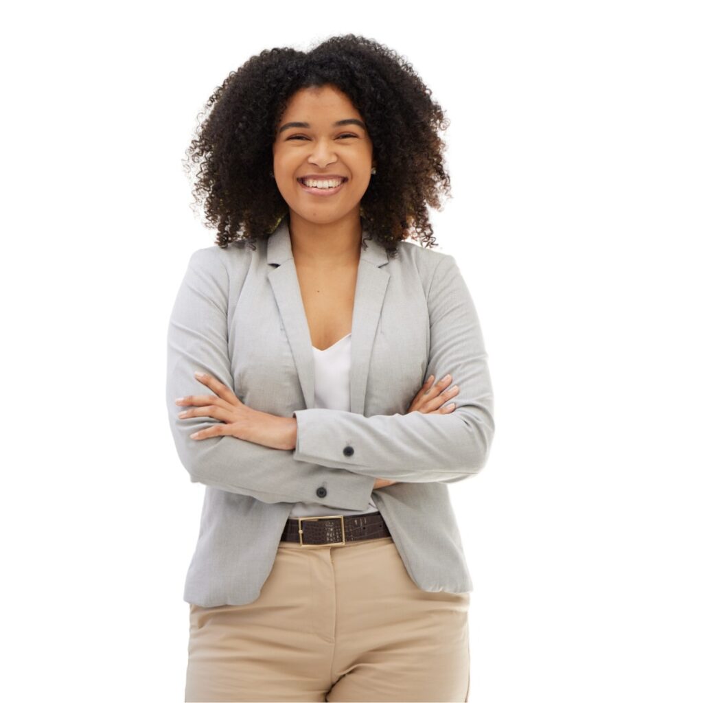 zvvt workshops events promo image - beautiful black woman with a big afro, wearing a grey jacket, a white top and beige pants