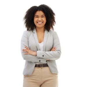 zvvt workshops events promo image - beautiful black woman with a big afro, wearing a grey jacket, a white top and beige pants