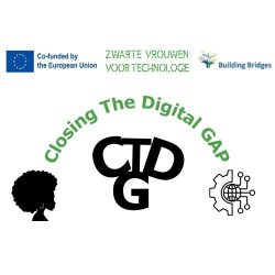 Closing the digital gap logo with a black woman icon on the left and digital icon on the right and small logo's above